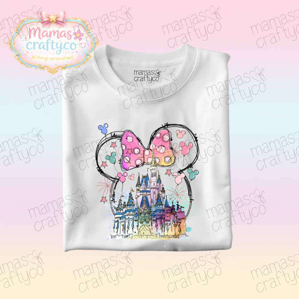 Personalised White Teeš¤ Watercolour Castle Inc Bow