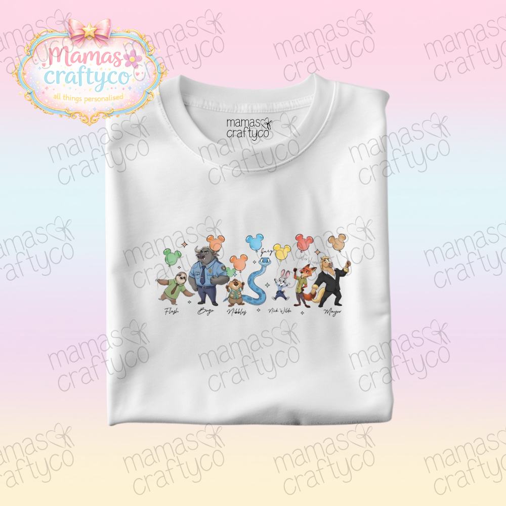 Personalised White Tee𑁤 Zootopia Balloons